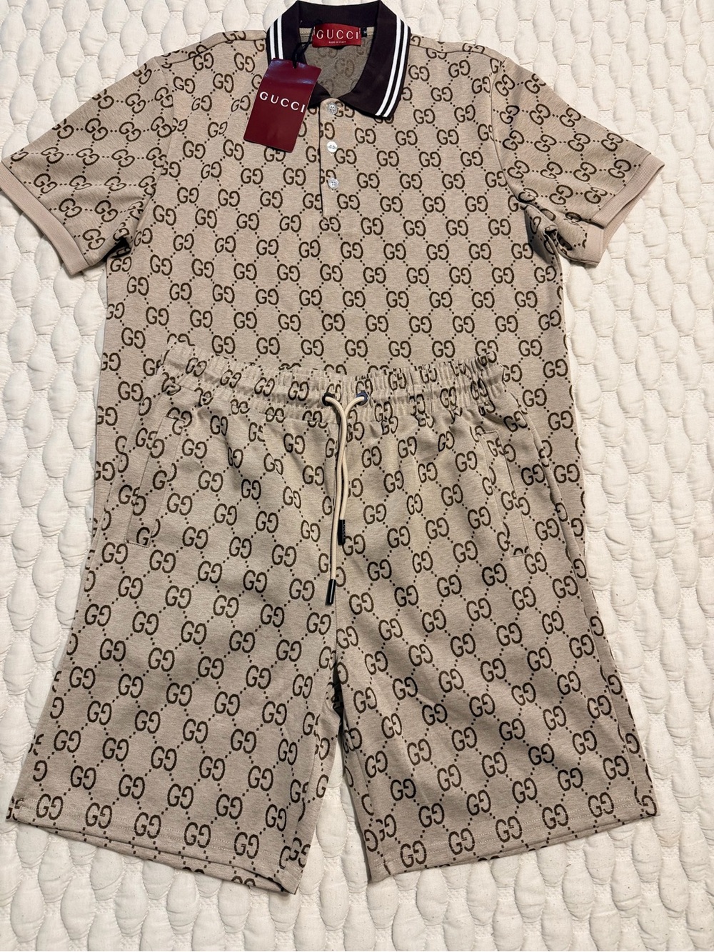 Gucci Beige Monogram Polo-Top Drawstring Short Set